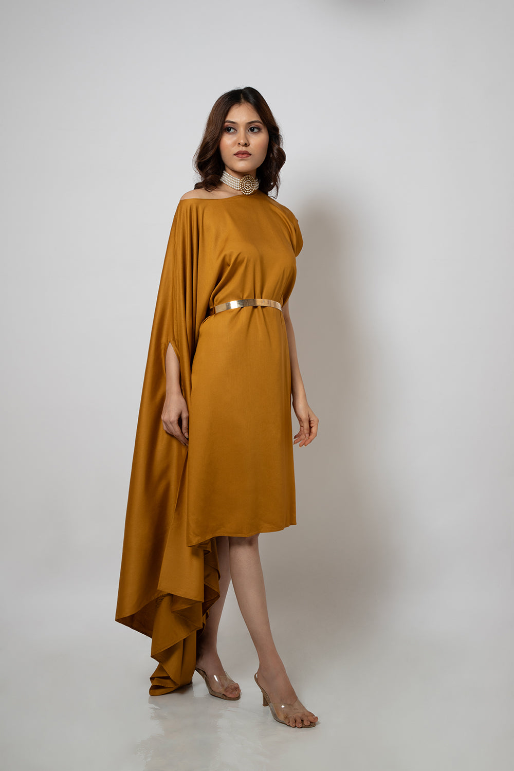 mustard asymmetrical dress Mustard Warehouse Chiffon One Sleeve Asymmetric Hem Midi Dress