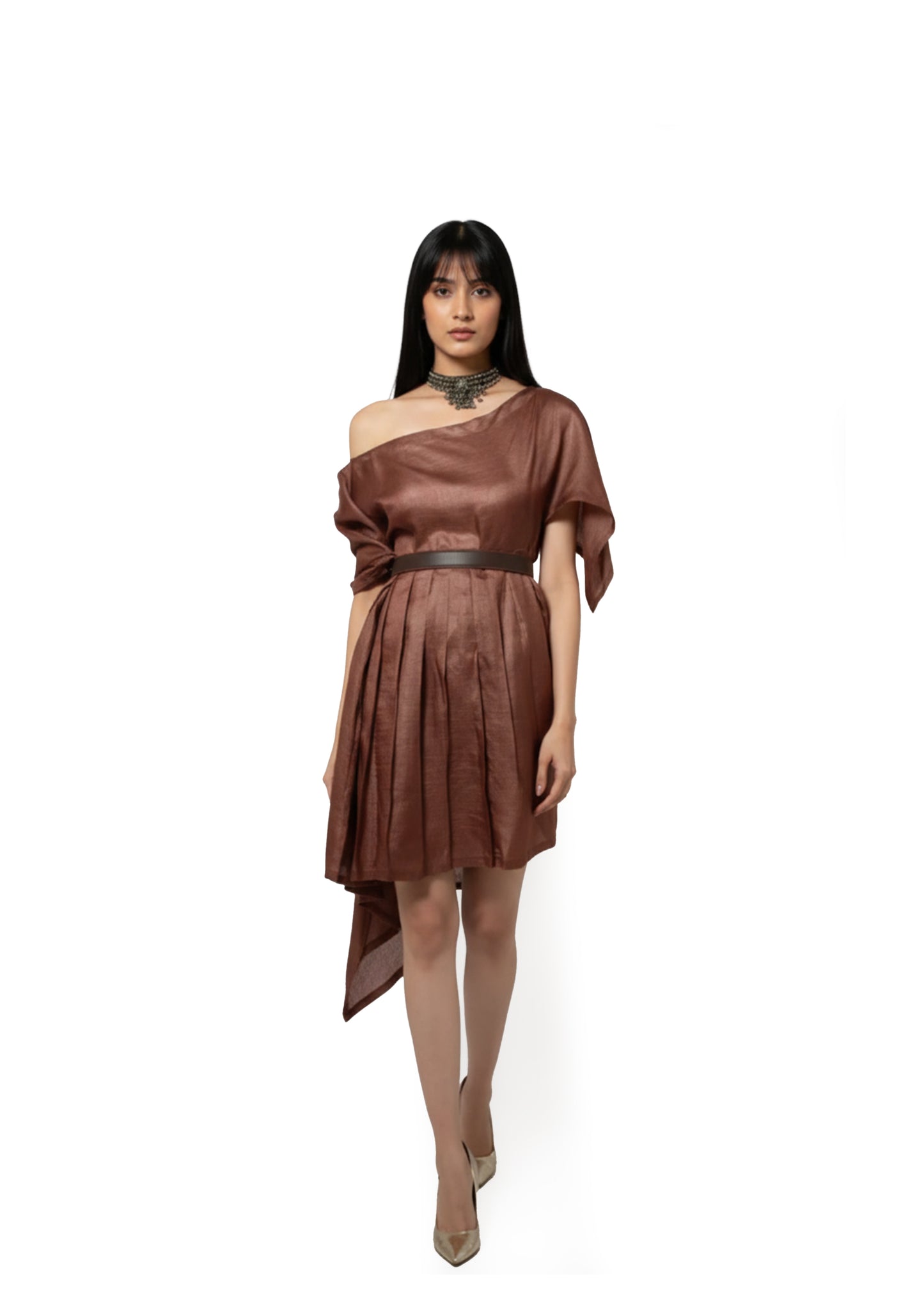 A Brown silk blend zero waste dress