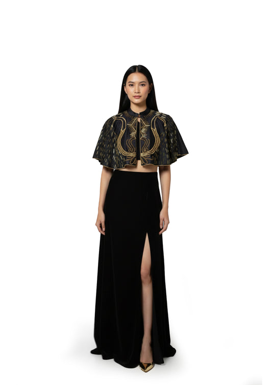 Black Hand embroidered silk cape with velvet slit skirt
