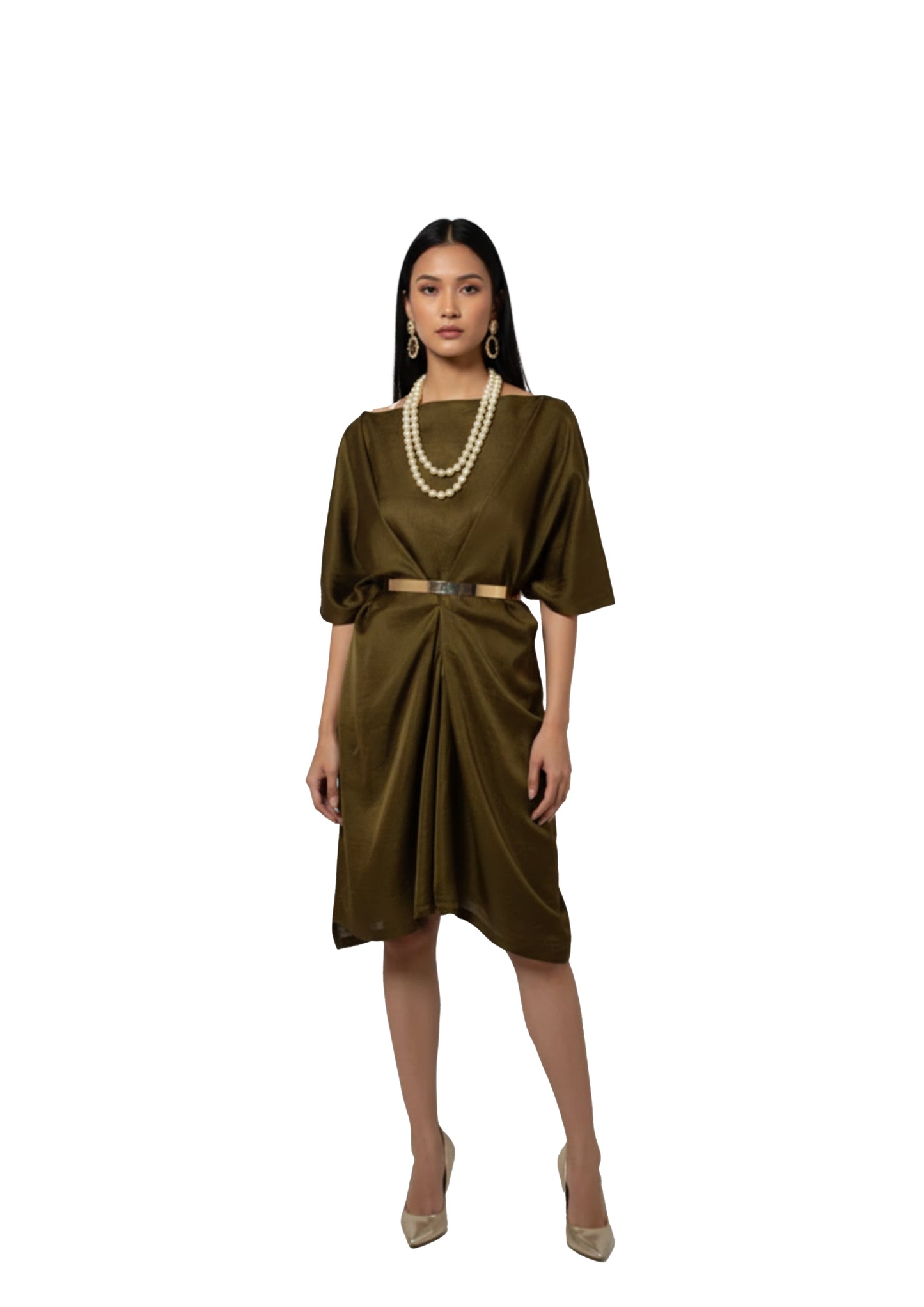 Olive green zero waste silk blend dress