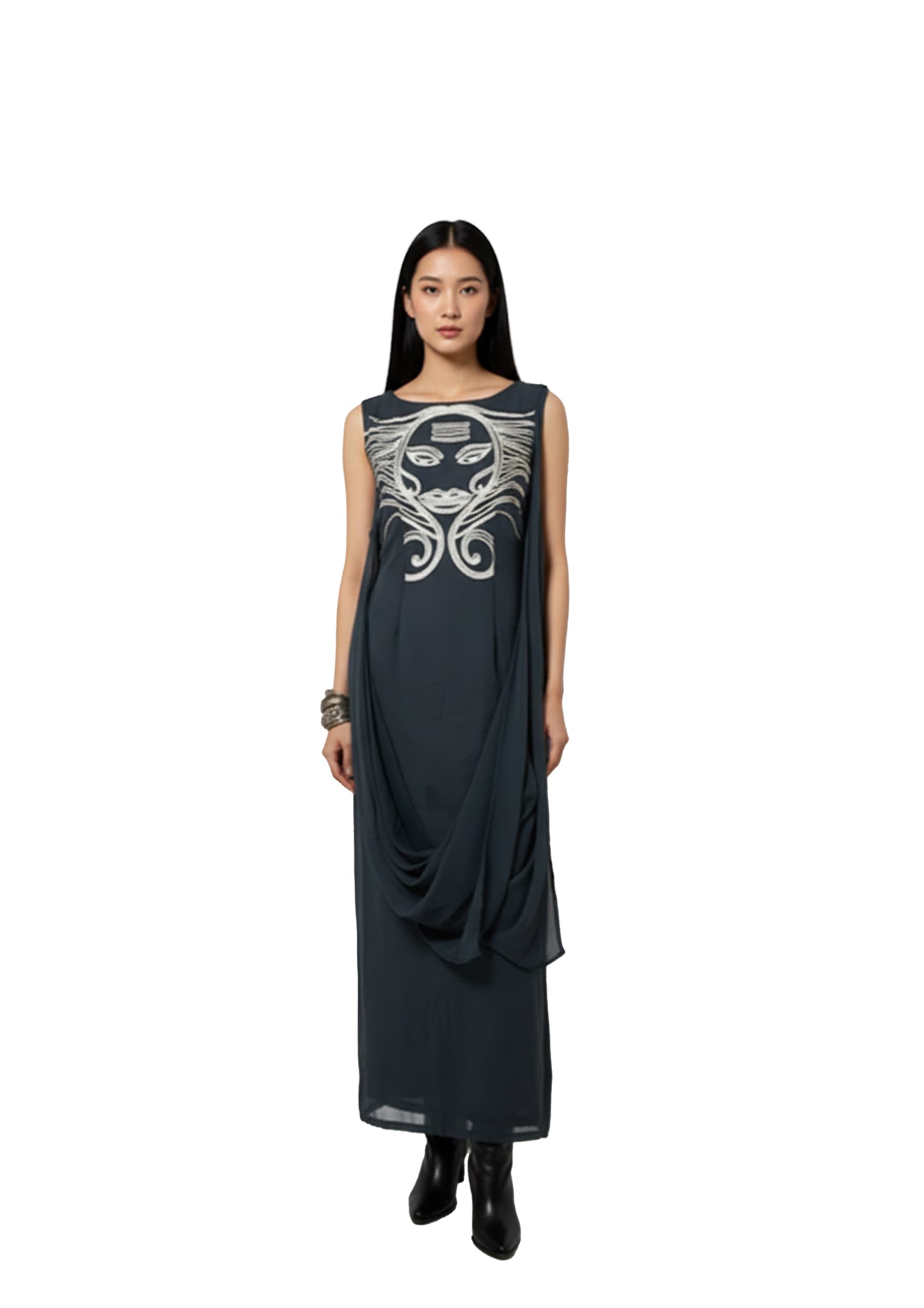 Grey georgette dress with exclusive artwork hand embroidery