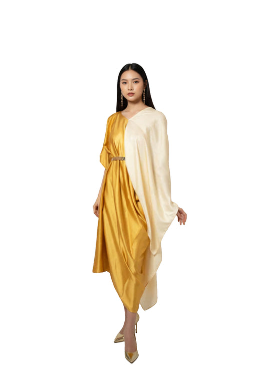 A zero waste asymmetrical satin  &silk blend off white & yellow dress