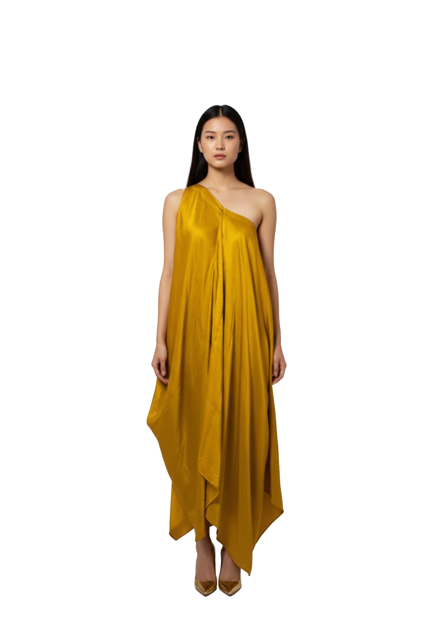 A zero waste one shoulder mustard yellow dress
