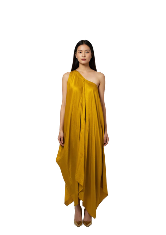 A zero waste one shoulder mustard yellow dress