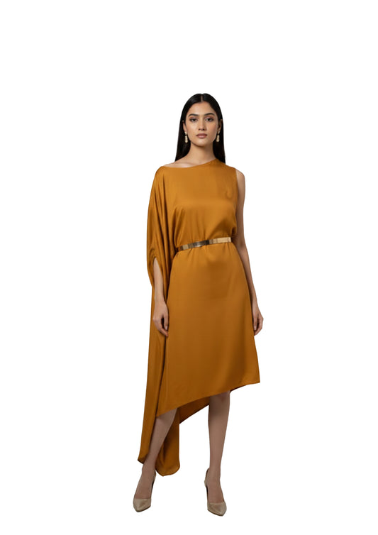 Asymmetrical mustard zero waste cotton blend dress