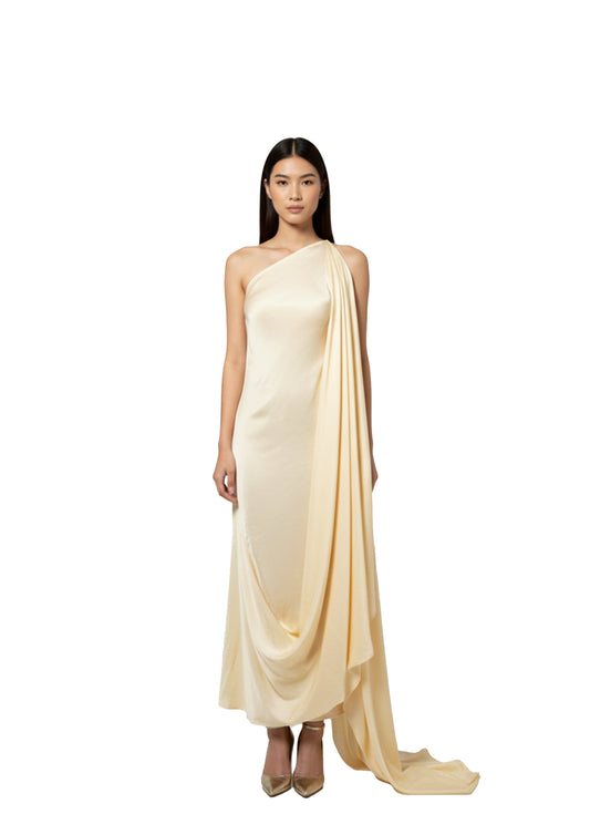 A zero waste one shoulder silk blend off white dress