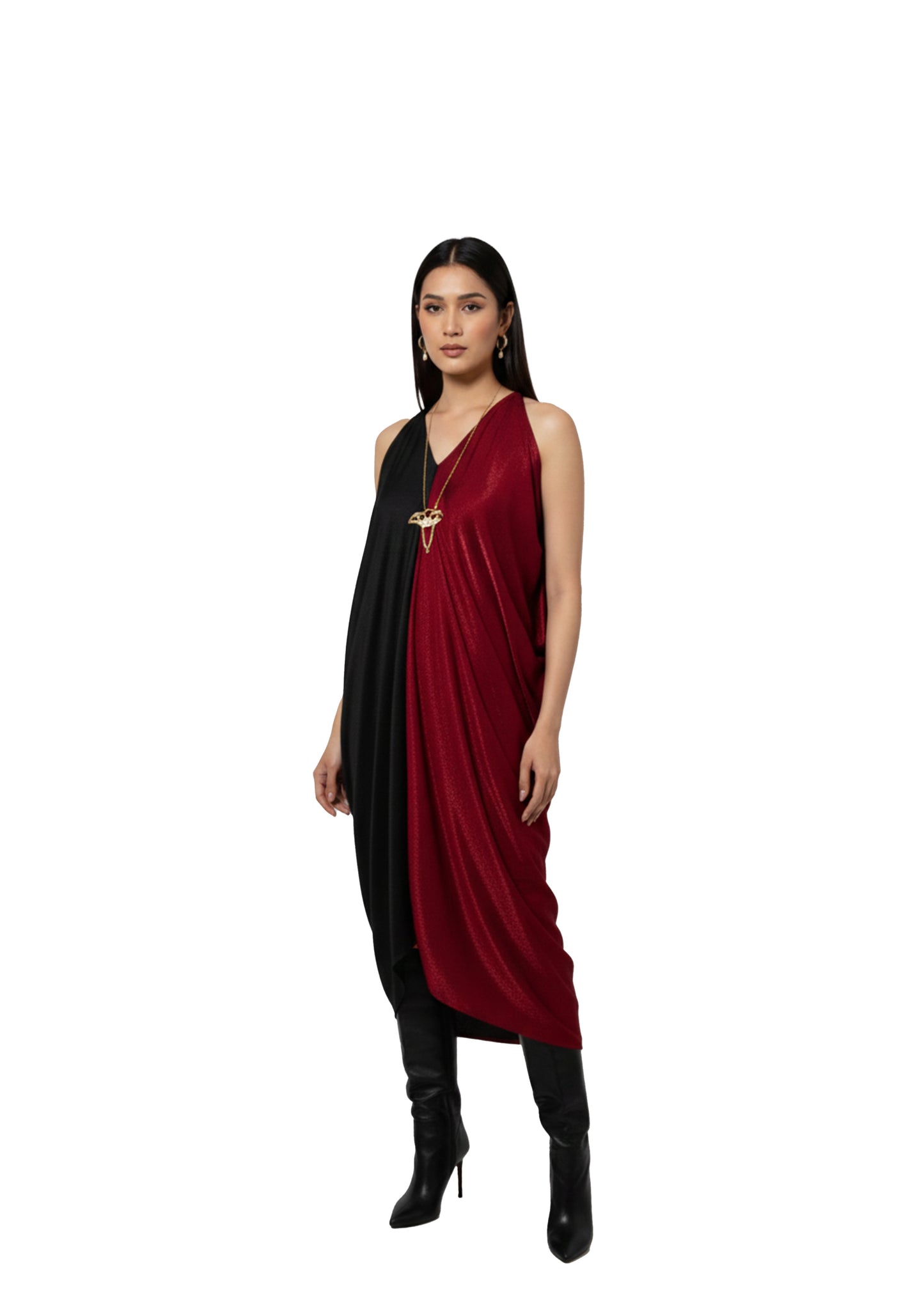 Asymmetrical silk blend half red and half black dress