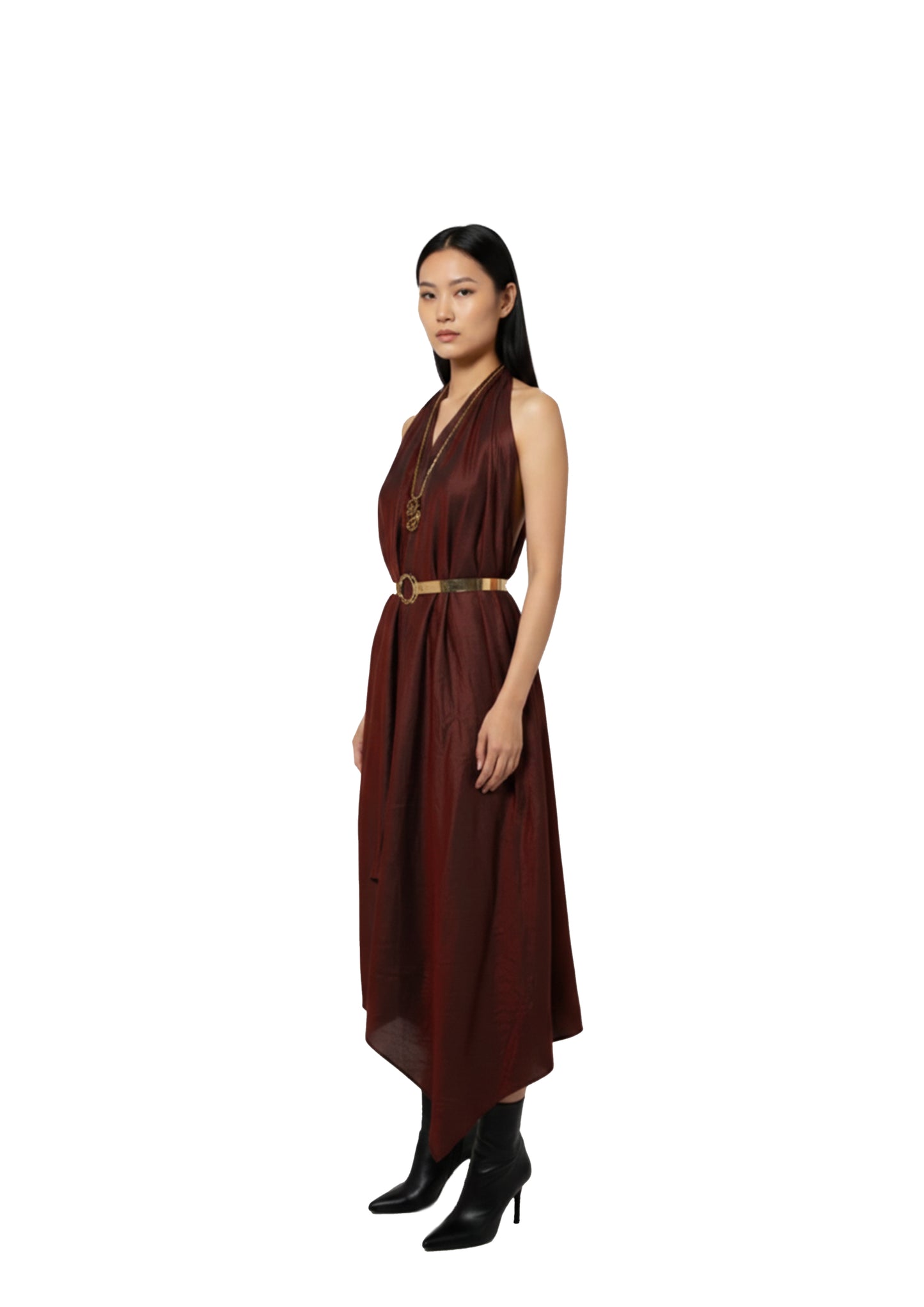 Maroon zero waste halter neck silk blend dress