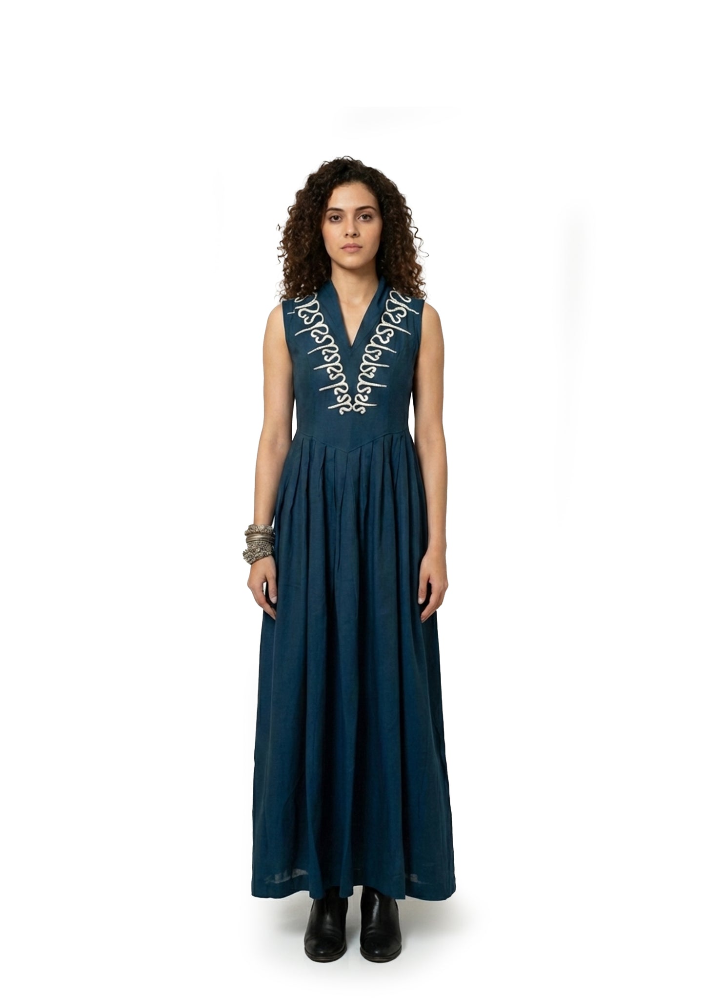Blue Cotton Dress with Resham Hand Embroidery (Teal Blue)